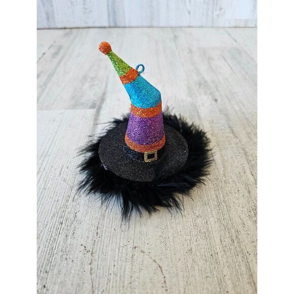 Pier 1 glitter striped witch ornament hat Halloween decor feather rare vintage - Picture 1 of 2